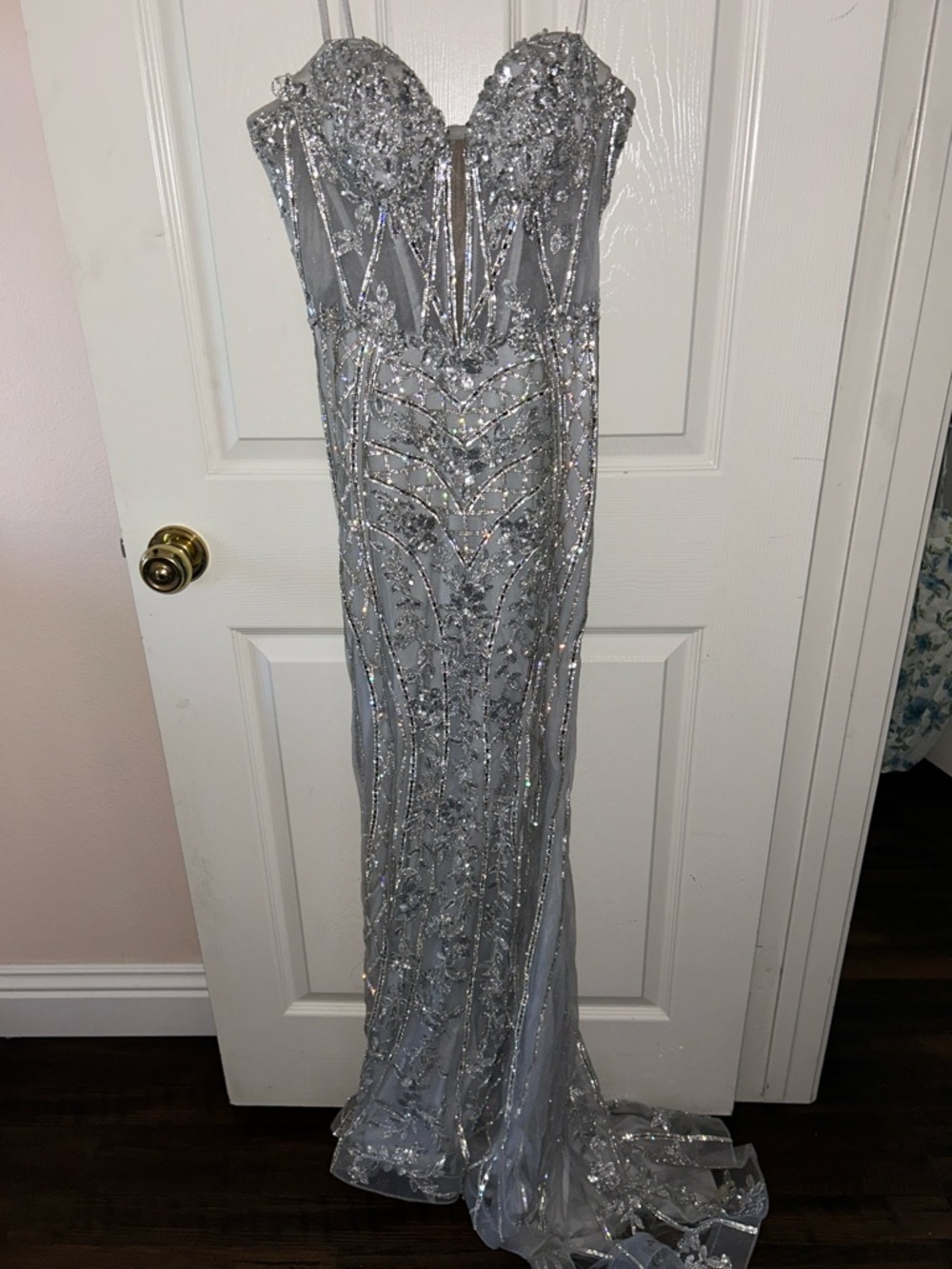 Silver Sequin Beaded Strapless Evening Gown